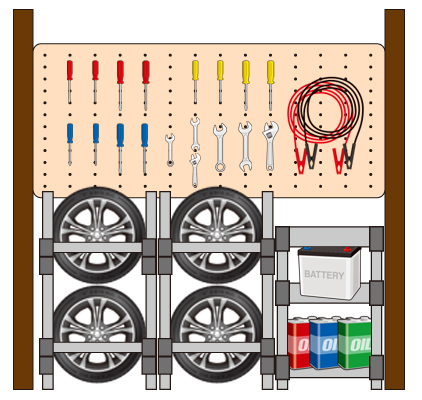 有孔ボードとフレームシェルフのガレージ収納